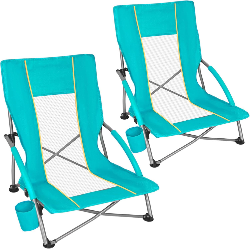 Low Beach Chairs for Adults 2 Pack, Lightweight Folding Sand Chairs with Breatha