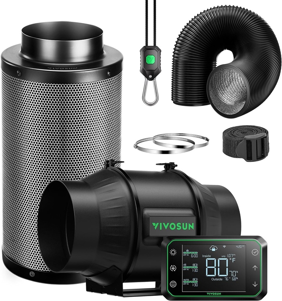 VIVOSUN AeroZesh T4 4” 210 CFM Inline Duct Fan w/E42A,Carbon Filter &8′ Ducting
