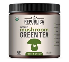 La Republica USDA Organic Mushroom GREEN TEA (Full-Fruiting Bodies) 70 Servings