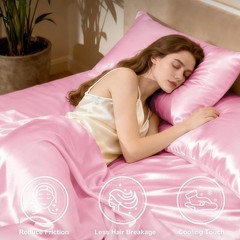 Pink Satin Queen Bed Sheet Set 4 Piece Silky Soft Deep Pocket Luxury Bedding