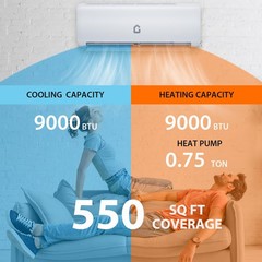 Heating Cooling Mini Split 9000 BTU Air Conditioner Up to 450 Sq Ft Tool Set