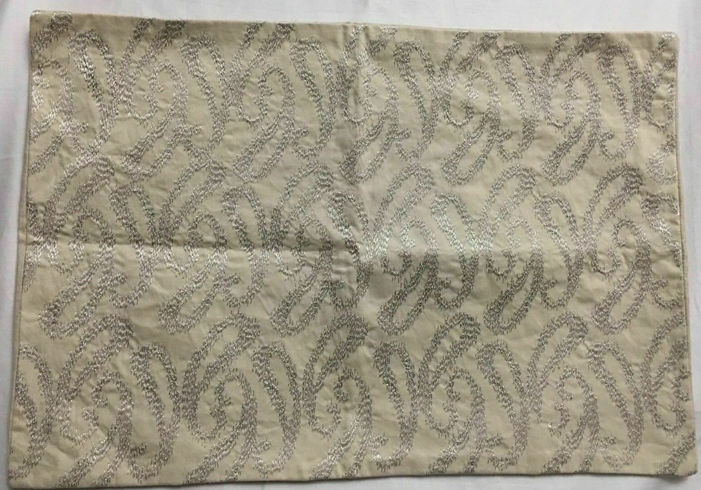 OBLONG Throw PILLOW COVER ONLY 20″x14″ Embroidered Tan Silver NEW