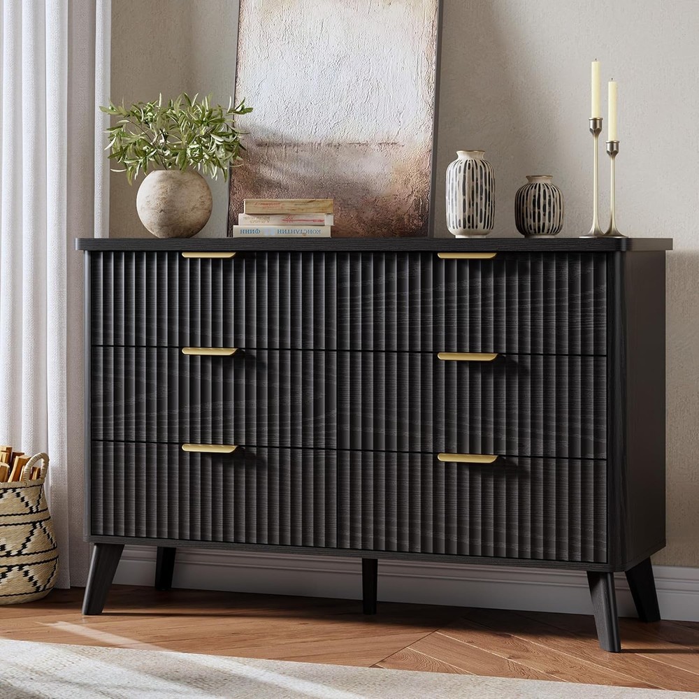 Fluted Dresser TV Stand for Bedroom with 6 Deep Drawers Modern Chest of Drawers