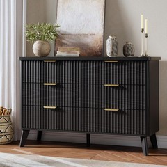 Fluted Dresser TV Stand for Bedroom with 6 Deep Drawers Modern Chest of Drawers