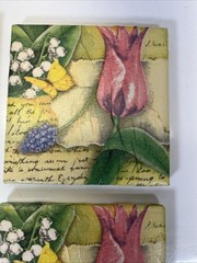 Set of 4 Ceramic Solid Coasters Flowers and Butterfly Fun Suare 4.25in