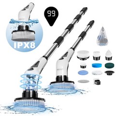 Electric Spin Scrubber Extra Length 9 Brush Heads Retractable Handle IPX8