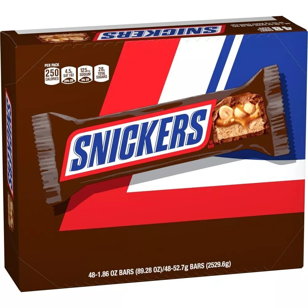 SNICKERS Full Size Bulk Milk Chocolate Candy Bars, 1.86 oz Bar, 48 ct Box
