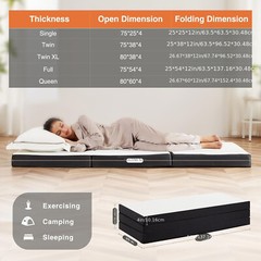 4-Inch Tri-Fold Memory Foam Folding Mattress Topper Portable for Camping, Guest