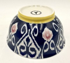 Anthropologie Footed Cereal Rice Bowl Ikat Design Blue White Yellow Pink 6.25 in
