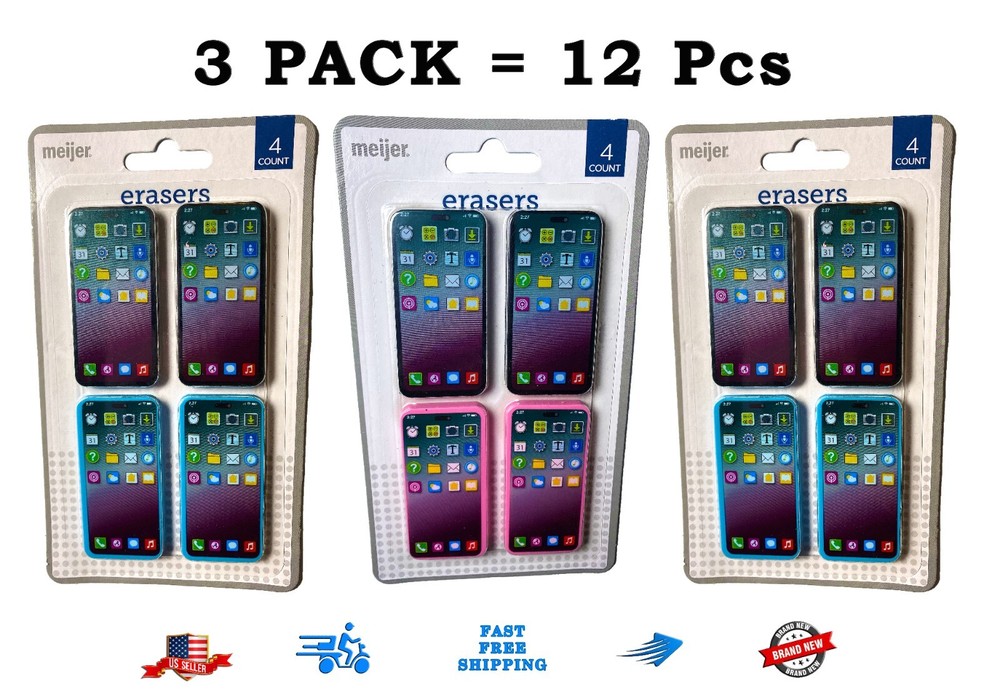 3 PACK Meijer Smartphone Mobile Phone Erasers 4 Pcs TOTAL 12 Erasers BLK BLU PNK