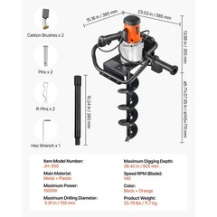 1500W Electric Post Hole Digger 5.71″ Earth Auger Bit+Extension Rod Quick Digger