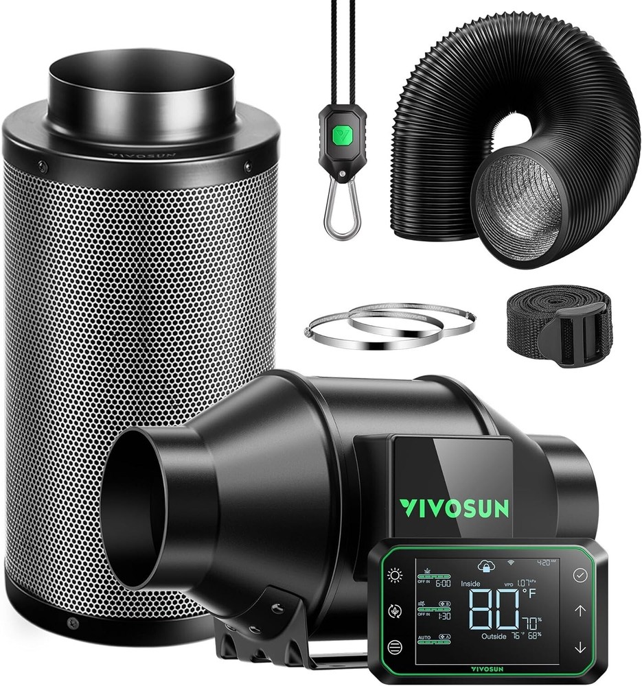 VIVOSUN AeroZesh G4 4” 195 CFM Inline Duct Fan w/E42A,Carbon Filter,8′ Ducting