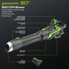 Greenworks 80V 800CFM Leaf Blower w/ 4Ah Battery 2A Charger & Shoulder Strap