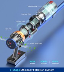 Cordless Vacuum Cleaner 65KPa 550W 75min Runtime Stick Carpet Floor Cleaner