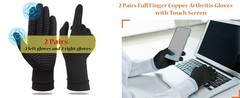 2-Pairs Pack Copper Full Finger Compression Gloves, Copper Arthritis Gloves for