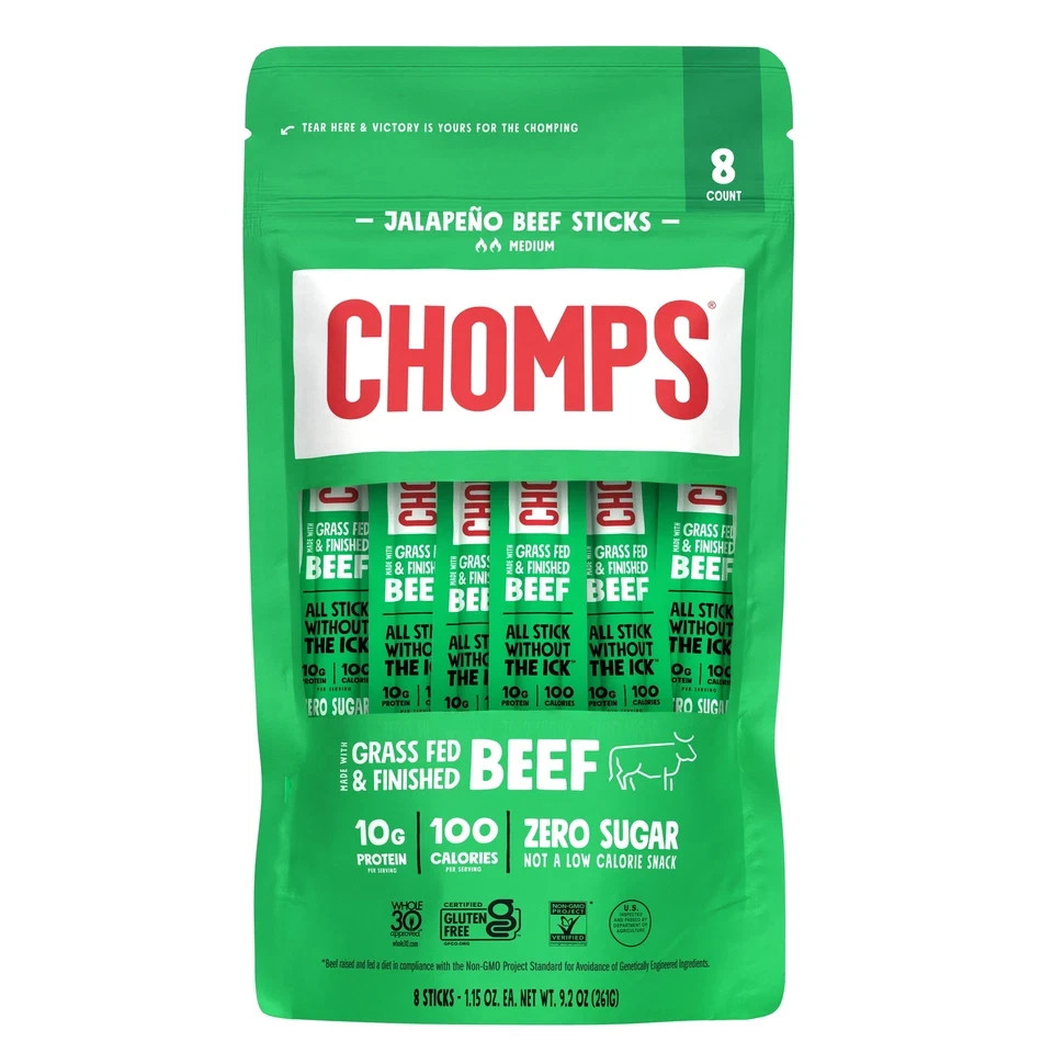 Chomps Grass-Fed and Finished Jalapeño Beef Jerky Meat Snack