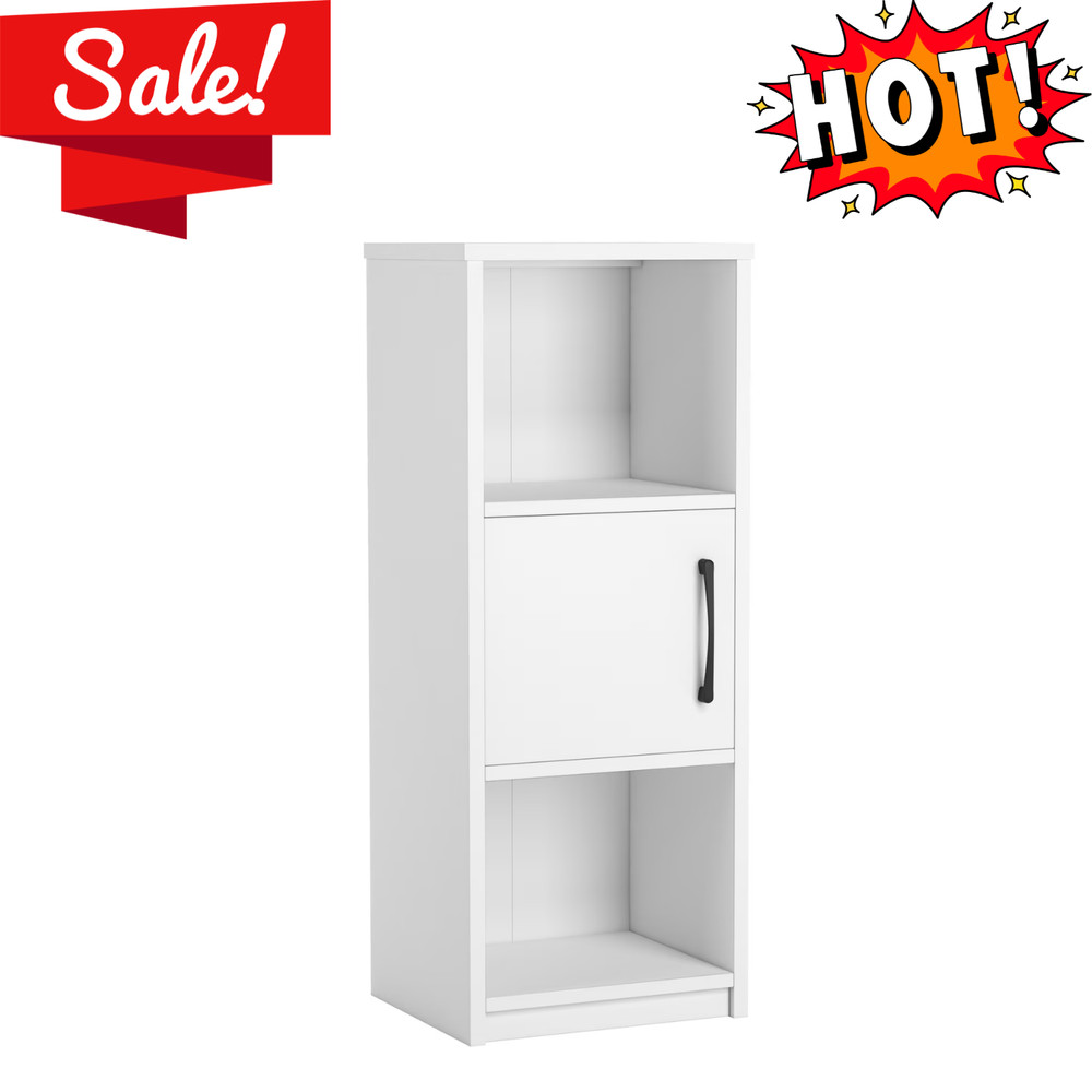 Mainstays Ardent 3 Tier Storage Tower with Door & Open Shelves White Cabinet