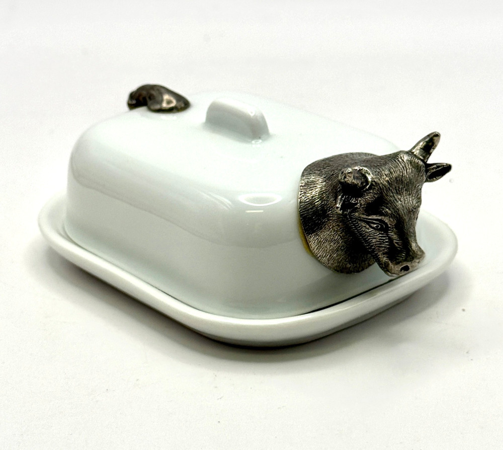RARE Pillivuyt France Porcelain Butter Pat Dish, Silver/ Pewter Cow Head & tail