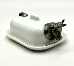 RARE Pillivuyt France Porcelain Butter Pat Dish, Silver/ Pewter Cow Head & tail
