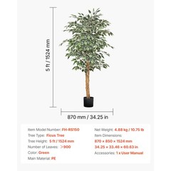 Uimoso 5FT Artificial Ficus Tree Tall Faux Plant with Black Pot for Indoor Decor
