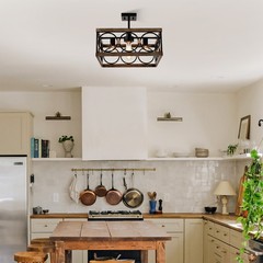 4-Light Square Kitchen Island Light Farmhouse Wood Black Metal Ceiling Fixture