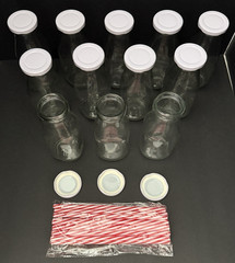10 oz. Glass Milk Bottles with Reusable Lids and Red & White Straws Lot of 12
