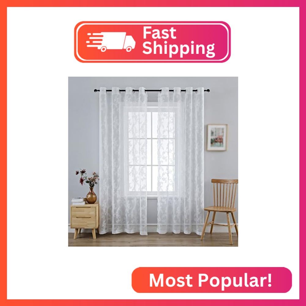 Anytime White Lace Sheer Curtain Panels for Living Room Elegant Window Treatment