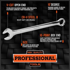 15PC Combination Spanner Wrench Ring Open Ended 1/4″ – 1″ SAE 12 Point “V” Notch