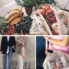 Reusable Cotton Mesh Grocery Bags Foldable Long Handle Net Tote Bag for Shopping