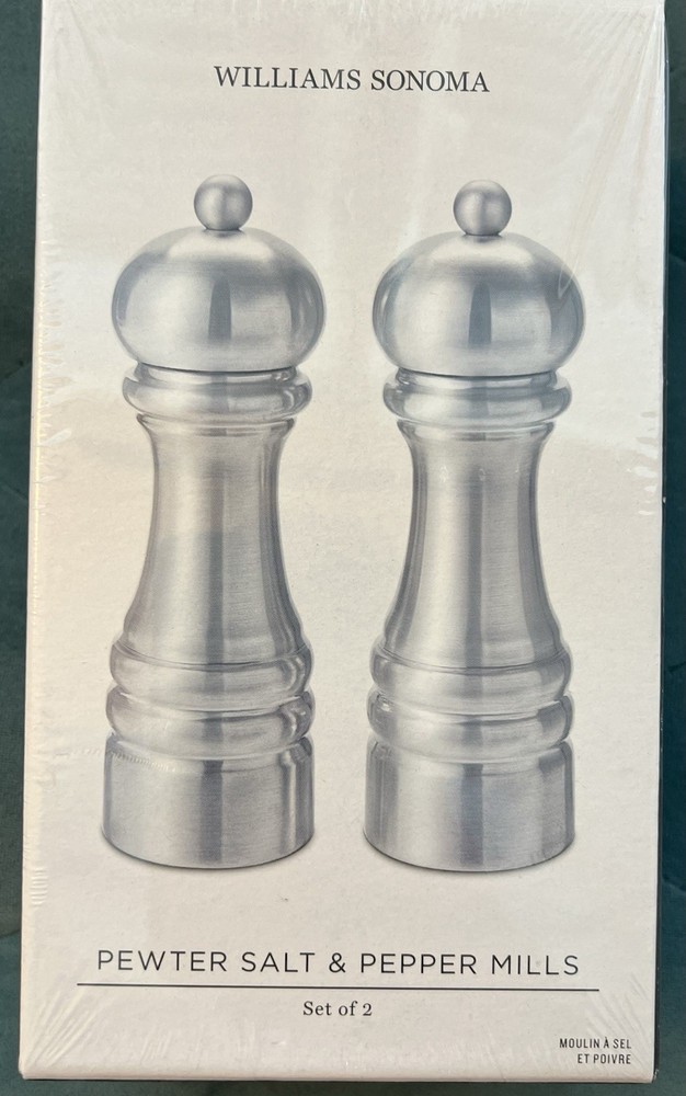 Williams Sonoma Polished Pewter Salt & Pepper Mills Set, 6″ New In Box