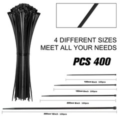 Cable Zip Ties,400 Pack Black Assorted Sizes 4+6+8+12-Inch(400PCS Set),