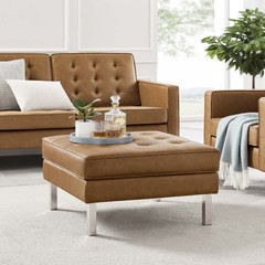 Modway Loft Tufted Button Vegan Leather Upholstered Square Ottoman in Silver Tan