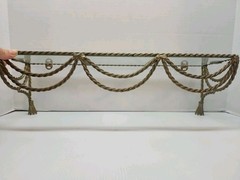 VINTAGE 18.5” HOLLYWOOD REGENCY BRASS WIRE ROPE GOLD METAL SHELF WITH GLASS