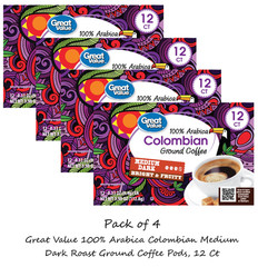 4x Great Value 100% Arabica Colombian Medium Dark Roast Ground Coffee Pods 12 Ct
