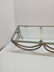 VINTAGE 18.5” HOLLYWOOD REGENCY BRASS WIRE ROPE GOLD METAL SHELF WITH GLASS