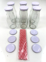 10 oz. Glass Milk Bottles Reusable with Lids and Red & White Straws Lot of 6
