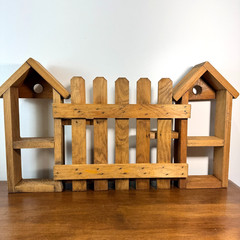 Vintage Wooden Shelf Picket Fence Bird House Trinket Shelves 26.5″ w x 15″ h