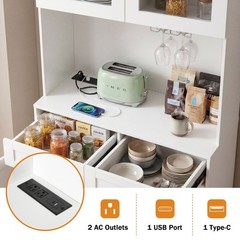 75″ Farmhouse Pantry Cabinet Coffee Bar Storage W/ Charging Station, Drawer,Door