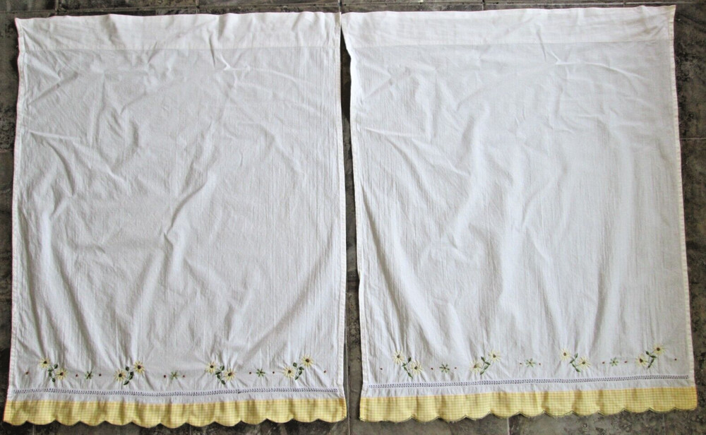 Pair Window Curtain Panel White Yellow Gingham Daisy Floral Farm Country 28×36