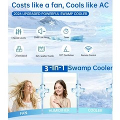 3-in-1 Portable Evaporative Air Cooler 32L Water Tank 3-Speed Swamp Cooler Fan