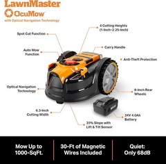 LawnMaster OcuMow™ VBRM601YCM Perimeter Wire Free Robot Lawn Mower Cuts Small