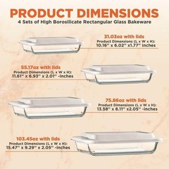 Serenelife 4 Sets of High Borosilicate Rectangular Glass Bakeware Set w/ PE Lid