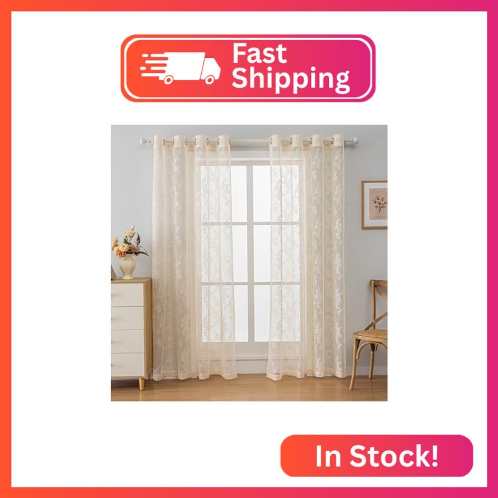 Anytime Beige Lace Sheer Curtain Panels for Living Room Elegant Window Treatment