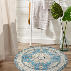 Oriental Floral Medallion round Rug – 3Ft Blue Small round Area Rug, Soft Non-Sl
