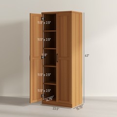 63″ Rustic 2-Door Kitchen Freestanding Storage Cabinet Pantry Shelves, Brown