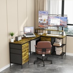 9.5FT L-Shaped Home Office Computer Desk 6 Drawers Monitor Stands Power Outlets