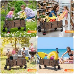 Heavy Duty Collapsible Folding Wagon Beach Wagon Cart Utility Grocery Cart-Brown