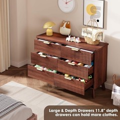 Fluted Dresser TV Stand for Bedroom with 6 Deep Drawers Modern Chest of Drawers
