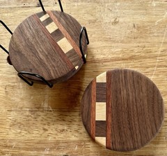 Handmade Walnut Coaster Set of 3 | Rosewood & Maple Inlay | Solid Hardwood