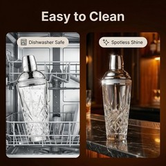 18.5oz Crystal Cut Glass Cocktail Shaker with 0.5/1/1.5oz Lid Jigger #304 Steel